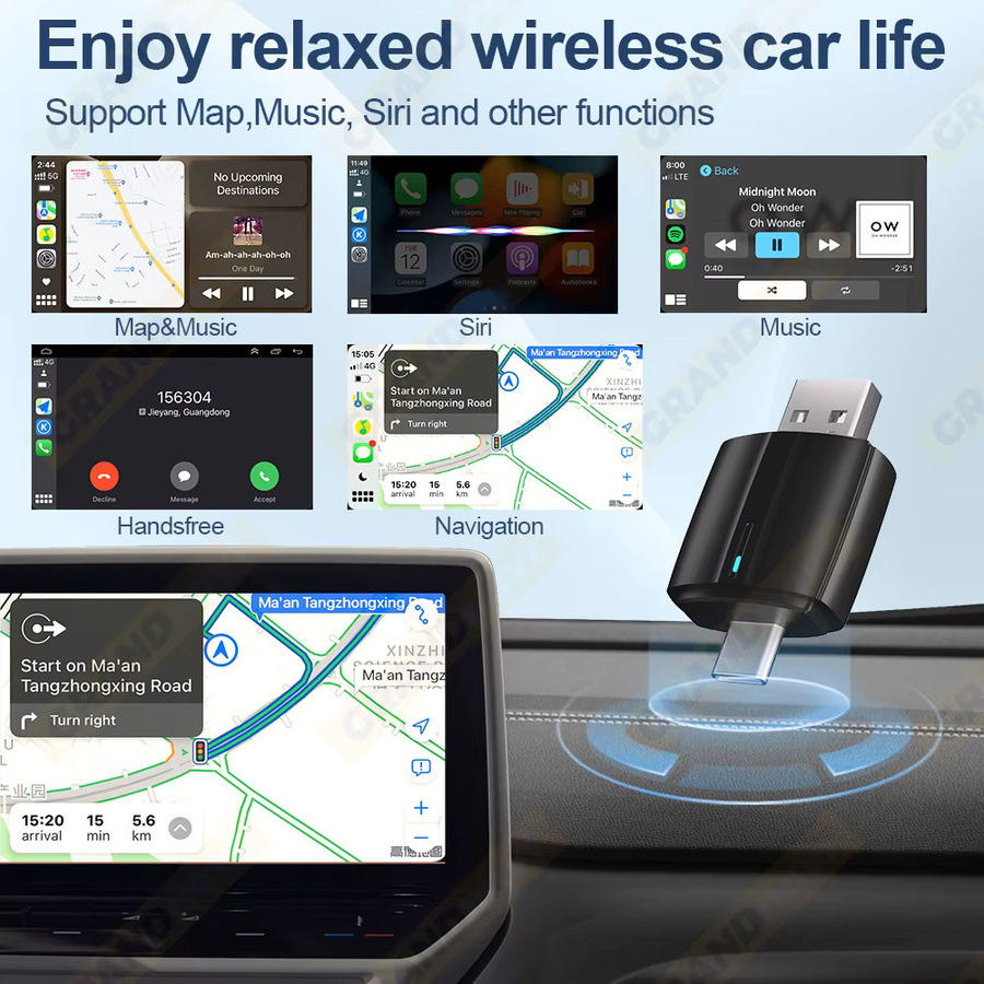 Grandnavi Kabelloser CarPlay und Android Auto Adapter mit WLAN und USB Typ-C Plug&Play in Schwarz - Bild 5