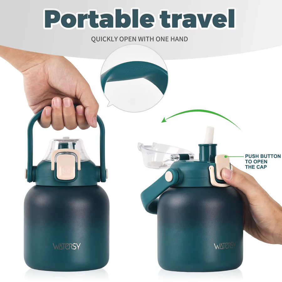 WATERSY Edelstahl-Wasserflasche in Blau, 800 ml, doppelwandiger vakuumisolierter Thermobecher mit Strohhalm und Griff - Bild 2