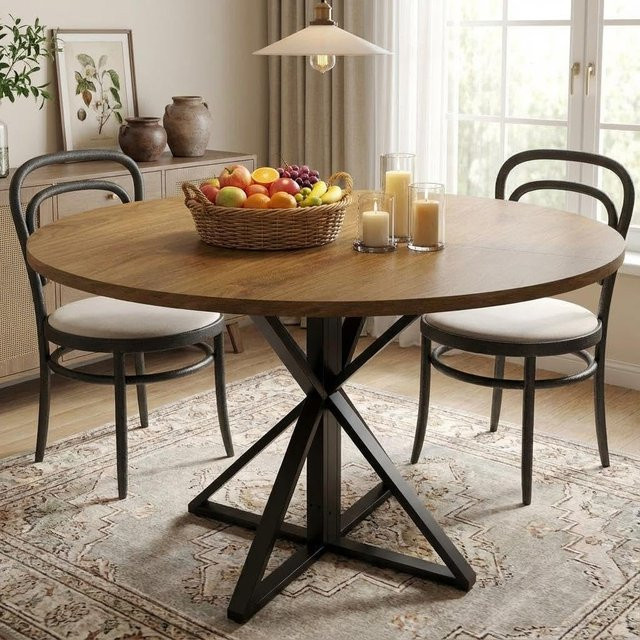 HiMISS Runder Esstisch aus Holz mit Metallsockel in Braun und Schwarz, Durchmesser: 120 cm - Bild 1