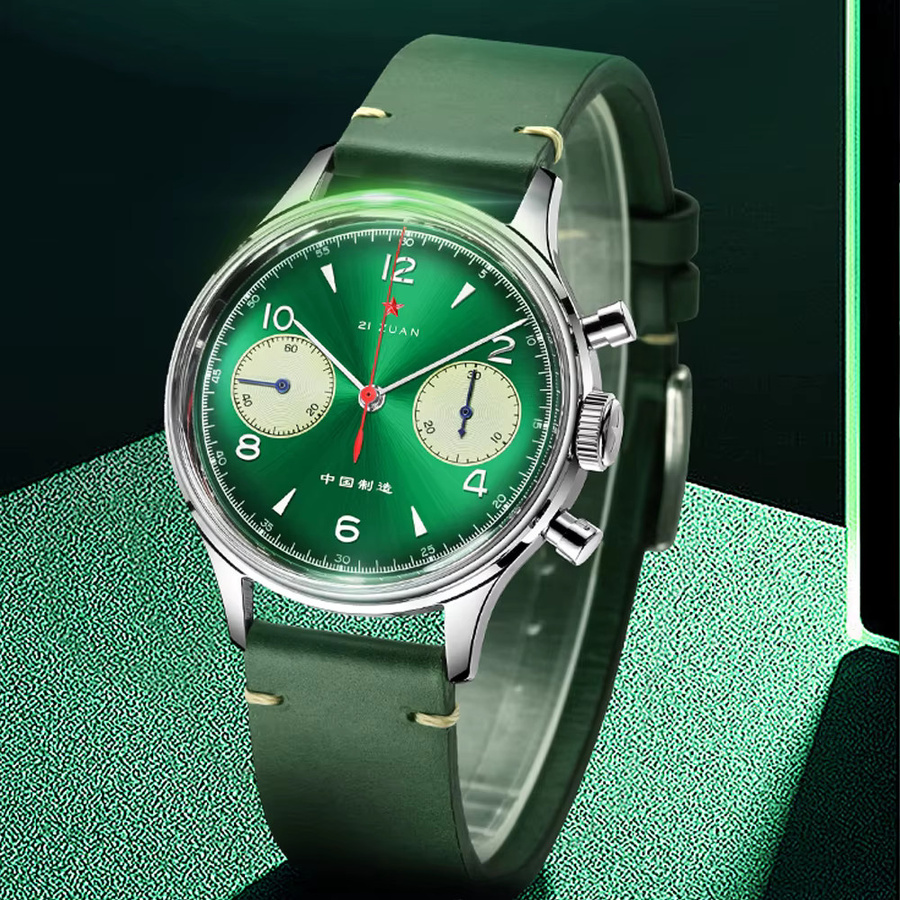SEAKOSS Chronograph, Handaufzug, Edelstahl, 38 mm, Herren, Grün, Leder - Bild 6