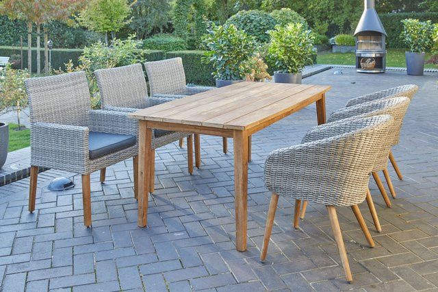 OUTFLEXX Borneo/Kota Garten-Essgruppe aus Akazie, Alu und Polyrattan in Natur/Grau-Meliert mit Tisch und 6 Stühlen (3 Cocktailsessel und 3 Landhaussessel), Tisch Breite: 180 cm, Tiefe: 90 cm - Bild 1