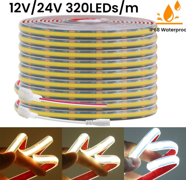 XUNATA COB-LED-Streifen IP68 wasserdicht mit 320 LEDs, flexibles LED-Neonband aus Silikon mit selbstklebender schwarzer Leiterplatte für lineare Beleuchtung - Bild 1
