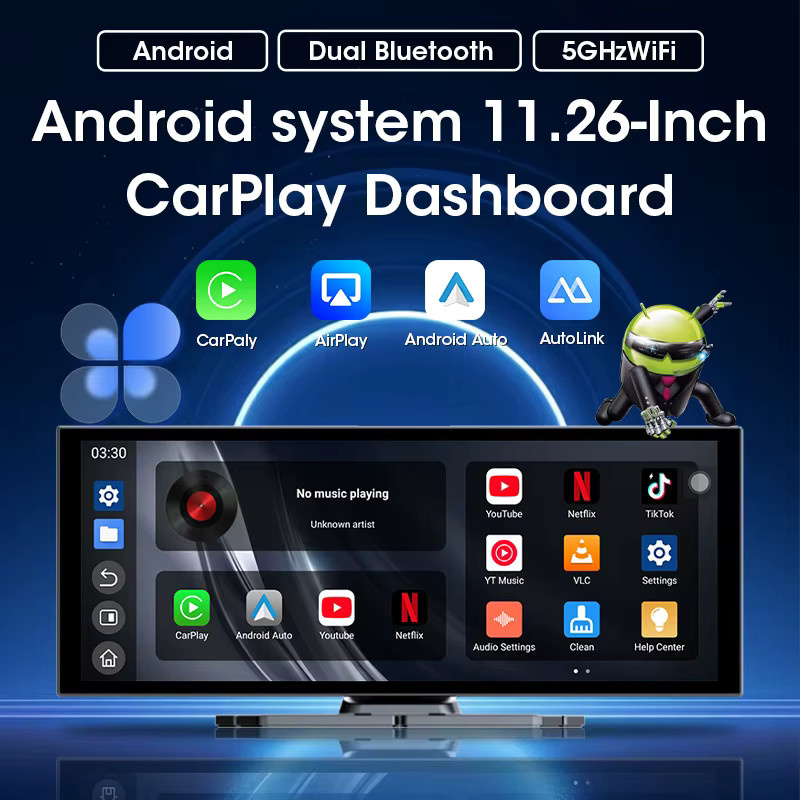 JMCQ Universal-Autoradio mit 11,26 Zoll Android-System, Multimedia-Player mit GPS, WLAN, Carplay und Android Auto in Schwarz - Bild 2
