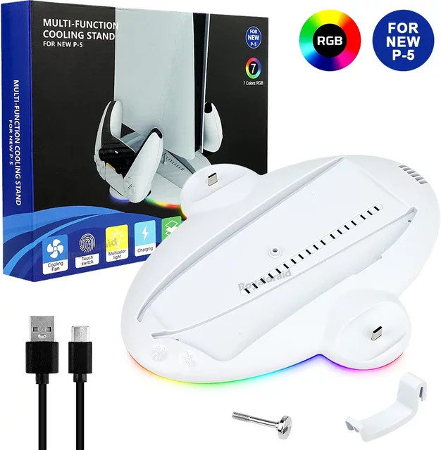 Hayoumon Kühlstation für PS5 Slim mit RGB-LED-Beleuchtung und Schnell-Ladestation für Controller, Weiß - Bild 1