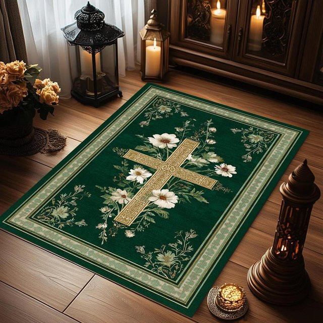 Christlicher Gebetsteppich Lodestar in Grün, abstrakter und moderner Teppich aus Polyester, B/H: 60 x 40 cm - Bild 1