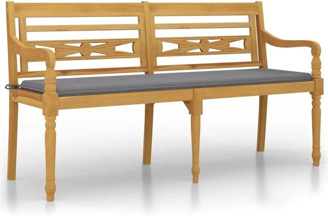 vidaXL Batavia Gartenbank aus Teak-Massivholz mit grauem Kissen, Breite: 150 cm - Bild 1