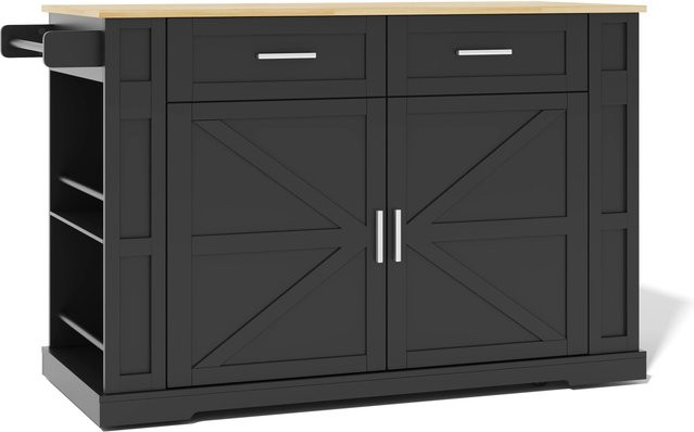 Merax Kücheninsel mit Ausziehplatte, Steckdose, 2 Schubladen und Schrank in Schwarz/Eiche, B/T/H: 120 x 50 x 93 cm - Bild 1