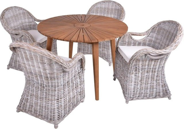 DELUKE Garten-Sitzgruppe ELODIE 5-tlg. aus Akazie und Rattan in Grau mit rundem Esstisch - Bild 1