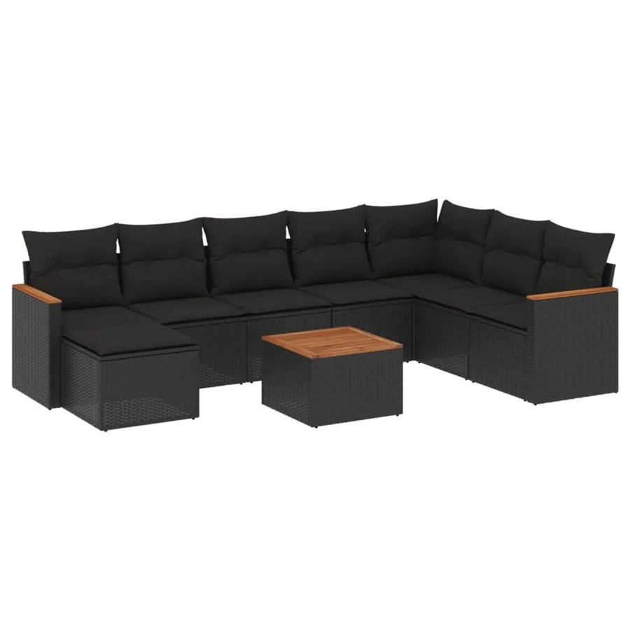 vidaXL 9-tlg. Garten-Sofagarnitur in L-Form aus schwarzem Poly-Rattan mit Kissen und pulverbeschichtetem Stahlgestell - Bild 2