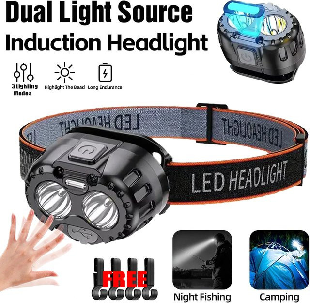 KDULIT LED-Stirnlampe mit Dual-Lichtquelle und Induktionsfunktion, 250 lm, wiederaufladbare XPE-Kopf-Taschenlampe mit 500 mAh, Schwarz - Bild 1