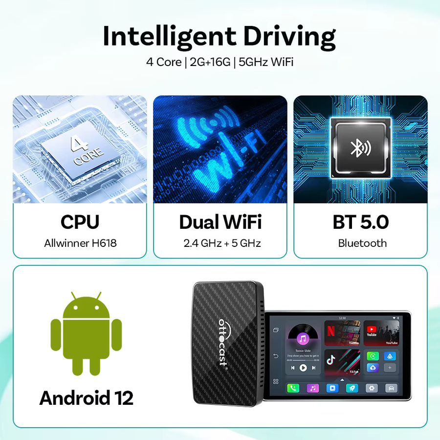 Ottocast Android Ai Box Wireless CarPlay und Android Auto Adapter in Schwarz mit YouTube, Netflix, TikTok und IPTV für Fahrzeuge mit kabelgebundenem CarPlay - Bild 5
