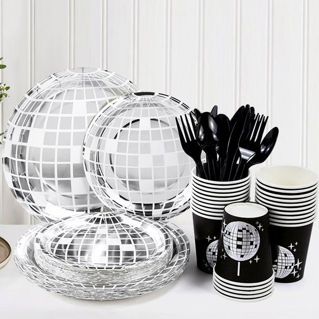 YONGSNOW Einweg Geschirr Set Disco Ball Thema in Silber aus Papier mit Papptellern, Tassen, Servietten und Tischdecke für Party und Hochzeit - Bild 1