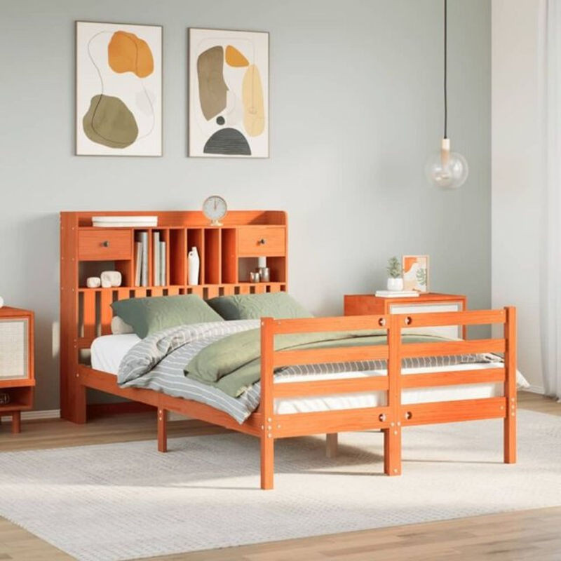 Massivholzbett aus Kiefer mit Regal in Braun von Vidaxl, B/T/H: 135 x 190 x 110 cm - Bild 1