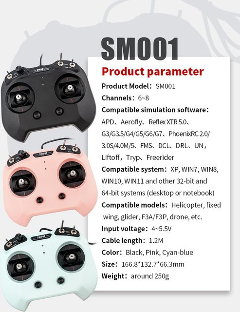 Flysky SM001 6/8-Kanal RC-Simulator in Schwarz für Helikopter, Flugzeuge, Segelflugzeuge und FPV-Drohnen, unterstützt FMS G3/G3.5/G4/G5/G6/G7 5.0 XTR VRC - Bild 1