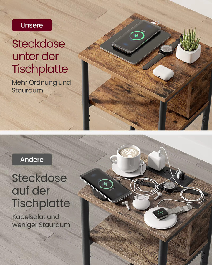 VASAGLE Beistelltisch in Braun mit Steckdosen und USB-Anschlüssen, schmaler Nachttisch im Industrial Design, B/T/H: 30 x 34 x 58 cm - Bild 4