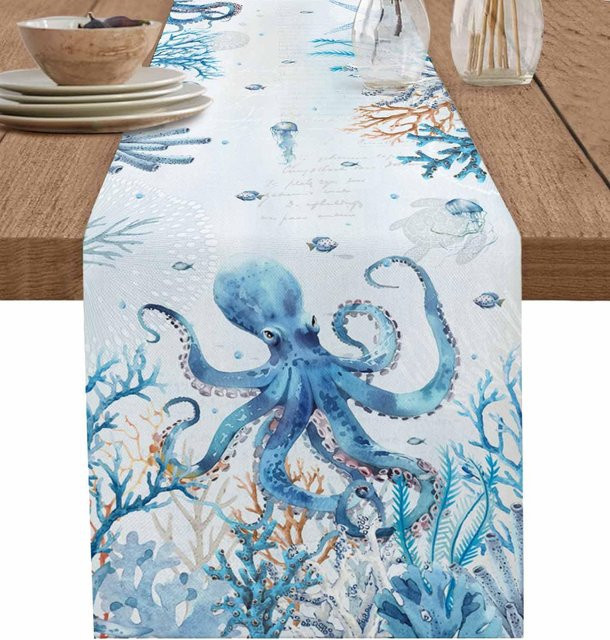 JINGYUE Pet Tischläufer aus Leinen mit Meeresorganismus-Motiv in Blau, B/T: 150 x 33 cm - Bild 1