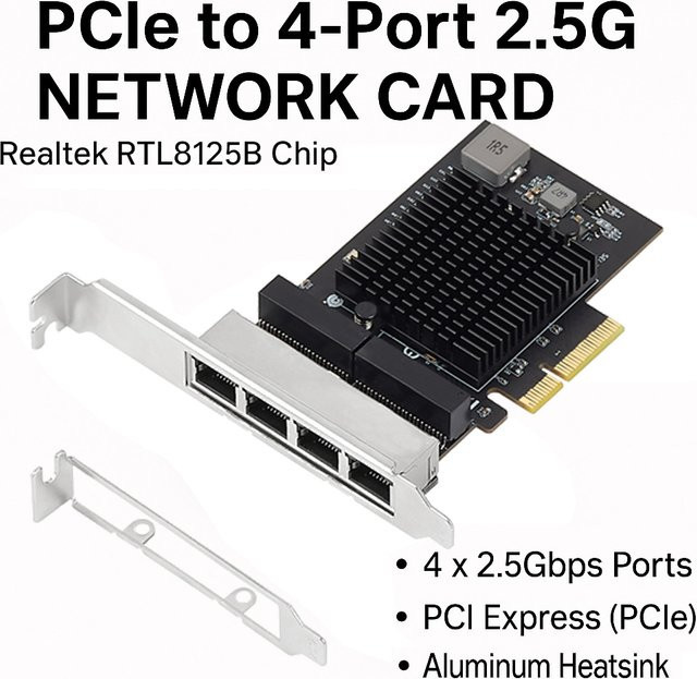 Lekuo PCIe Netzwerkkarte mit 4 Ports 2,5G LAN Realtek RTL8125B Chip 2500Mbps Ethernet Adapter in Schwarz - Bild 1
