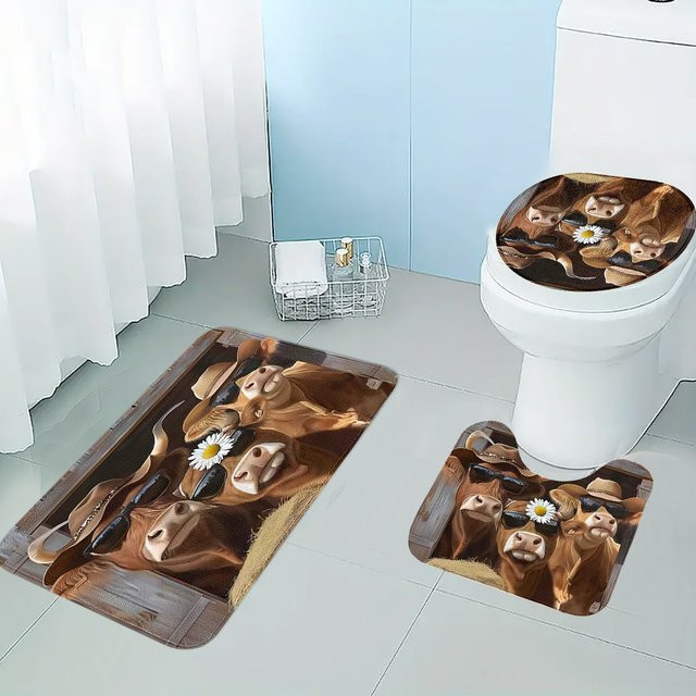 Badezimmer-Set im Western-Cowboy-Stil mit Kuhmotiv und Bauernhoftier-Muster, braun, rutschfest, bestehend aus Toilettenmatte, U-förmiger Bodenmatte und Badezimmerfußmatte - Bild 1