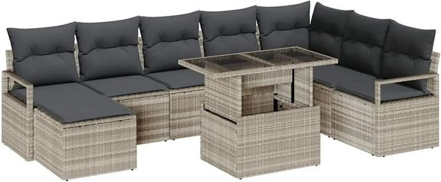 vidaXL Garten-Sofa-Set 9-tlg. aus Poly-Rattan mit Kissen in Hellgrau - Bild 1
