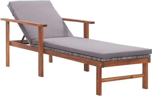 vidaXL Sonnenliege aus massivem Akazienholz und grauem Poly Rattan mit Auflage - Bild 1