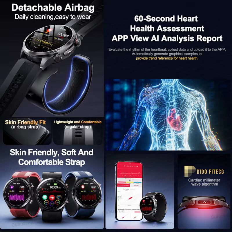 GUHUAVMI Smartwatch mit AI-Diagnose, EKG, Blutdruckmessung, Harnsäure-Analyse und NFC sowie Telefonfunktion in Schwarz oder Rot - Bild 4