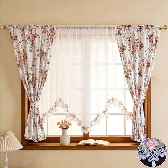 FLYINGCURTAINS Transparentvorhang mit Vintage-Rosendruck und floralem Spitzenbesatz, Farbe: Weiß/Mehrfarbig, B: 120 cm, H: 150 cm - Bild 1