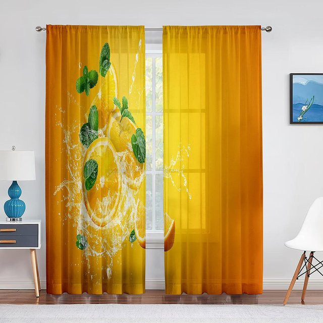 Zweiteiliges Vorhangset mit Zitronen- und Blättermotiv in Gelb und Grün, halbtransparentes Dekorgewebe für Wohnzimmer und Küche, B/H: 100 x 130 cm - Bild 1
