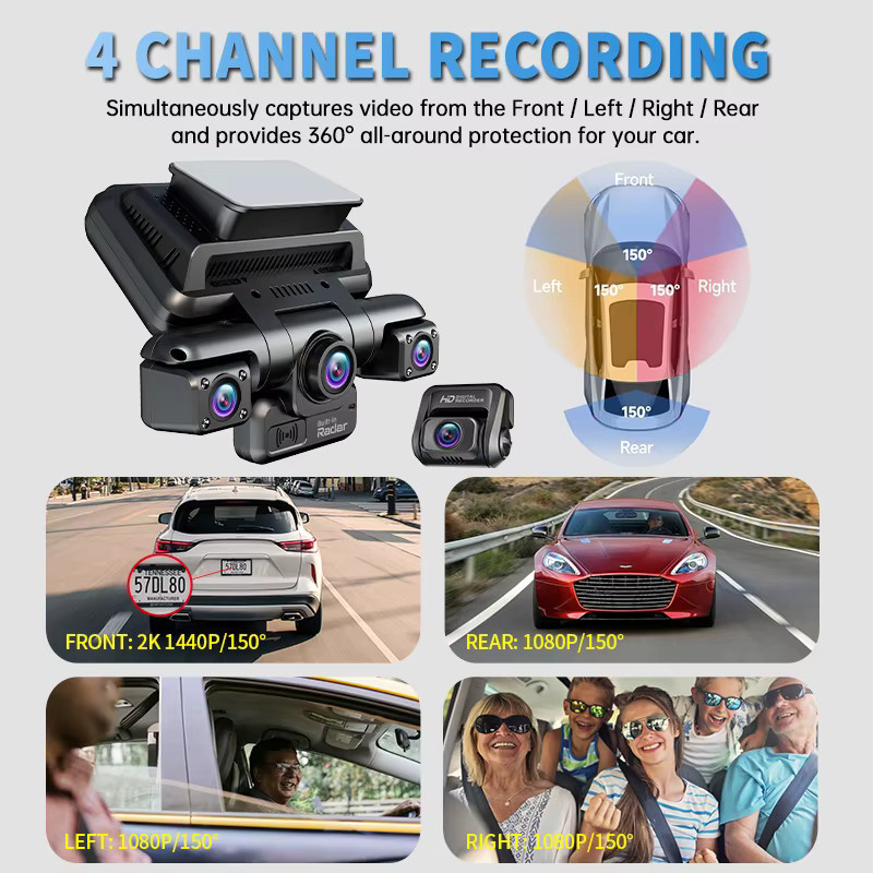 XUOIB i9pro-WB 4 Kanal 360° Dashcam in 4K mit 4 Zoll Touchscreen, GPS, WiFi und 8 IR-Nachtsicht, Schwarz - Bild 2