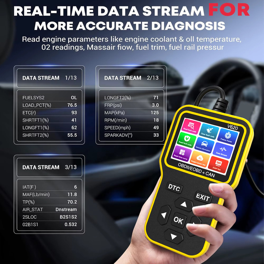 RUOGINSS OBD2-Scanner Diagnosetool mit Check Engine Light Code Reader, Reset-Funktion, Batterietester und Live-Daten in Gelb - Bild 4
