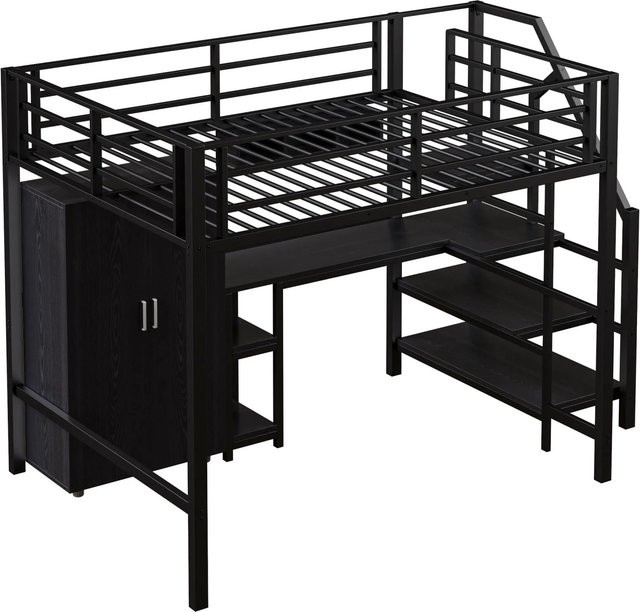 KOMHTOM Hochbett für Kinder mit Kleiderschrank, Regalen, Ablageleiter und Schreibtisch aus Metall und MDF, Schwarz Matt, B/T/H: 140 x 200 x 160 cm - Bild 1