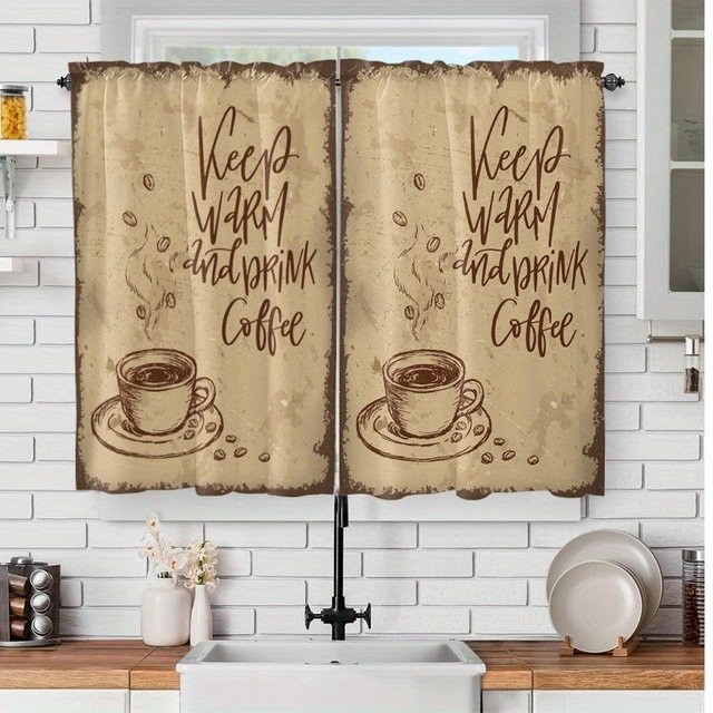 VIKAMA 2-teiliges Set kurze Vorhänge mit Retro-Kaffeetassenmuster in Beige für Küche, Schlafzimmer und Esszimmer - Bild 1