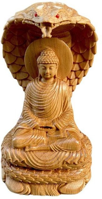 Yiran Furniture Buddha Figur Schlange beschützt aus Klippen-Zypressenholz, braun, Höhe: 12,0 cm - Bild 1