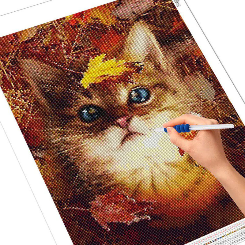 FIYO 5D DIY Diamantmalerei Katze im Herbst-Design, Mehrfarbiger Kreuzstich als Tierprint für die Dekoration, B: 30 cm, H: 20 cm - Bild 2