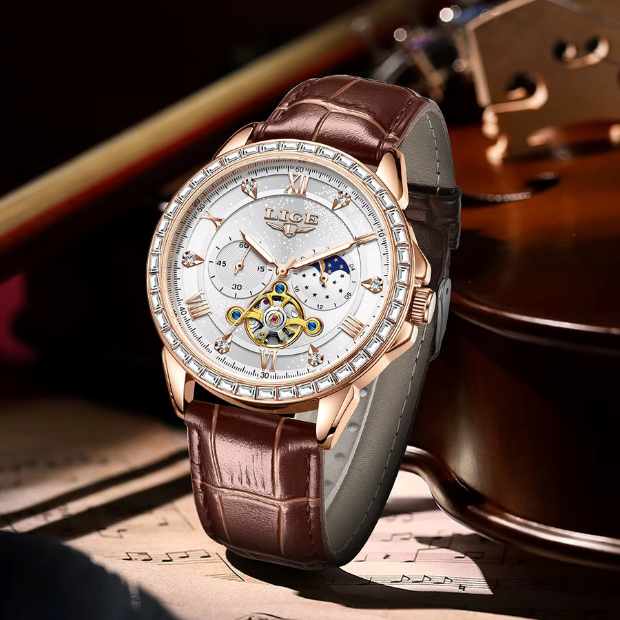 LIGE Armbanduhr Automatik, Mondphase, Kristall, Roségold, Edelstahl, Leder, Herren - Bild 5