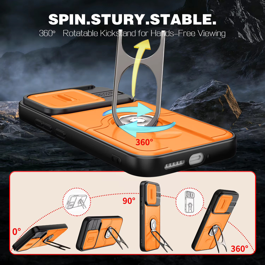 Stoßfeste Handyhülle mit 360 Grad drehbarem Ringhalter und Schiebe-Kameraschutz für Xiaomi 17T Pro und Xiaomi 15T Pro in Silver oder Orange - Bild 2