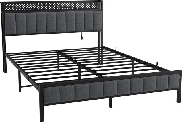 okwish Polsterbett mit LED-Licht, USB-Ladeport und Steckdose in Grau, B/T/H: 140 x 200 x 141,5 x 216,6 cm - Bild 1