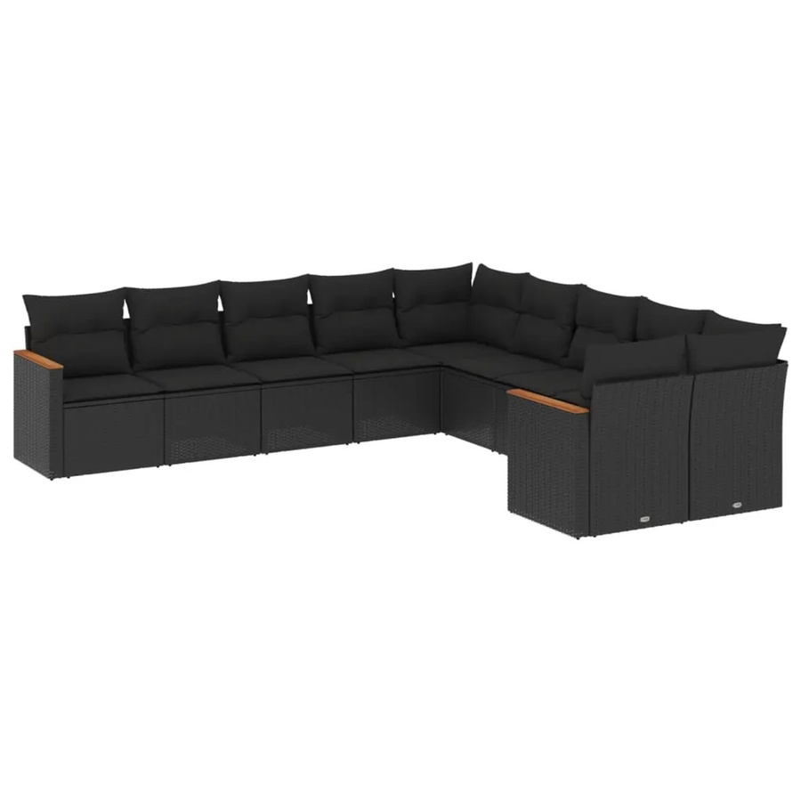 vidaXL 10-tlg. Garten-Sofagarnitur in L-Form aus Poly-Rattan und Akazienholz mit Kissen, Schwarz - Bild 2