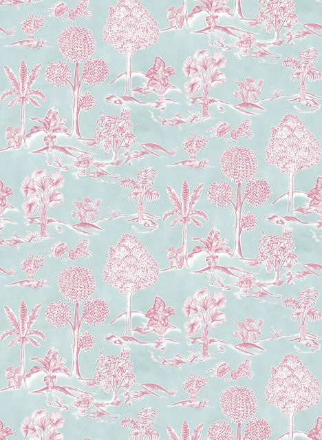 Osborne & Little Carta da parati Karuna Toile de Jouy in Aqua/Raspberry - Bild 1