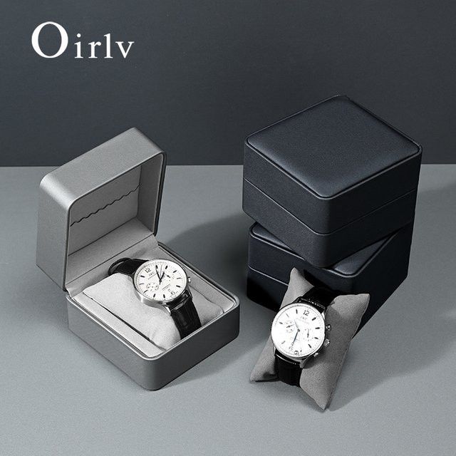 Oirlv Uhren-Geschenkbox für Herren aus PU-Leder in Dunkelgrau mit Kissen und geometrischem Design - Bild 1