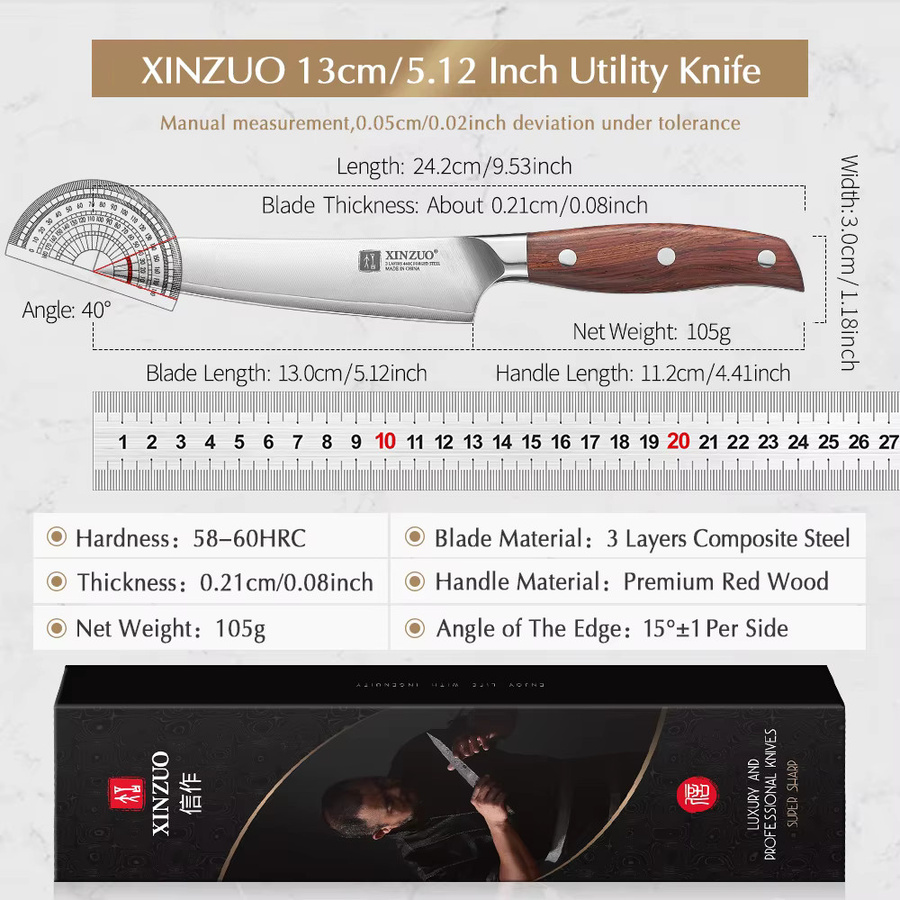 XINZUO Allzweckmesser aus 440C Stahl mit 3-Schicht-Verbundstahl und Rotholzgriff, Silber - Bild 6