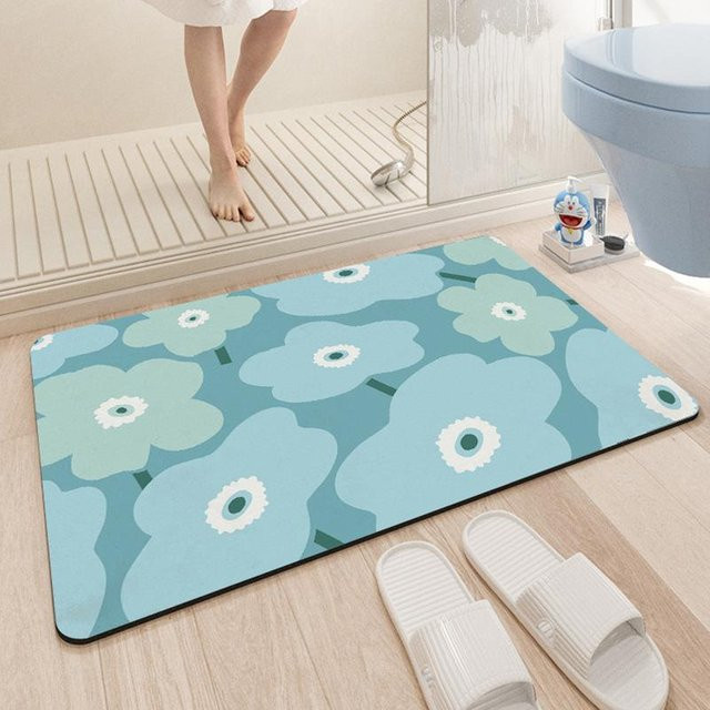 Rutschfeste Kieselgur-Fußmatte in Blau mit floralem Design, B/B: 40 x 60 cm - Bild 1