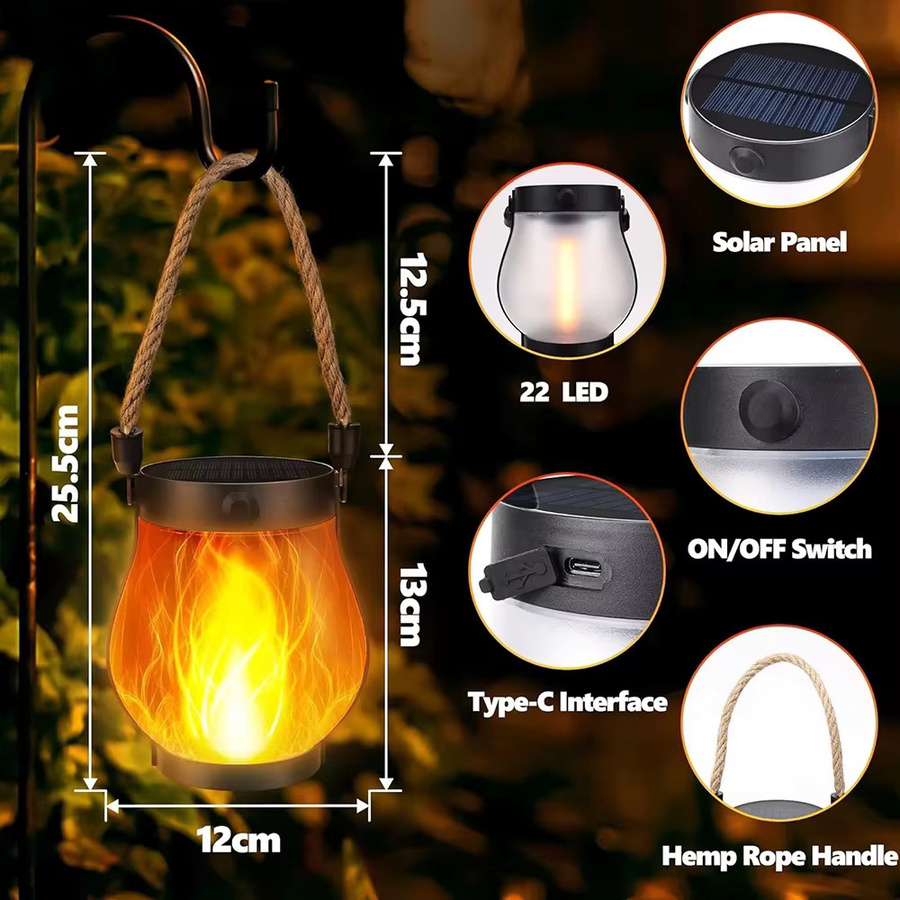 Solar-Laterne mit Flammeneffekt in Schwarz, IP65 wasserdichte Solar-Außenlampe für Garten und Terrasse mit Haken und Typ-C-Ladung, B/H/T: 12,0 x 25,5 x 4,0 cm - Bild 4