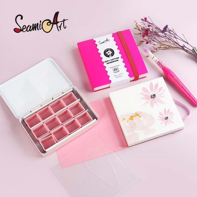 SeamiArt Aquarell-Reise-Notizbuch mit Pinselstift, Hardcover, Pink, B/T/H: 8 x 8 x 8 cm - Bild 1
