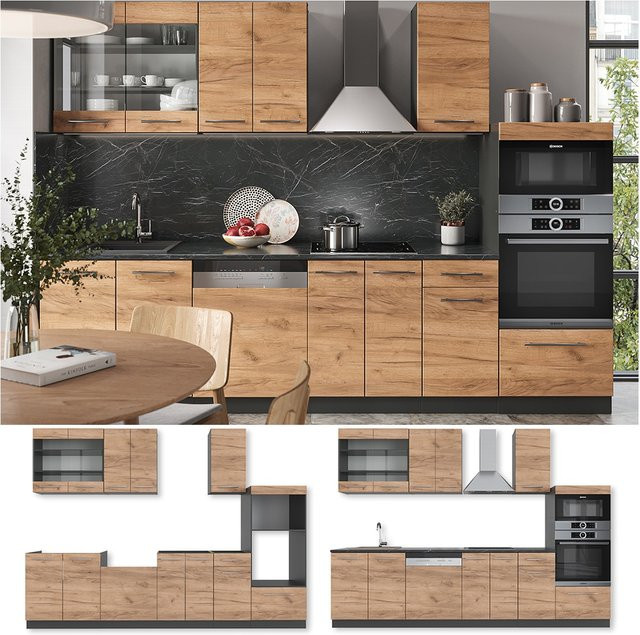 Vicco Küchenzeile Fame-Line Einbauküche in Anthrazit und Eiche, Breite: 300 cm, modern mit Soft-Close-Türen - Bild 1