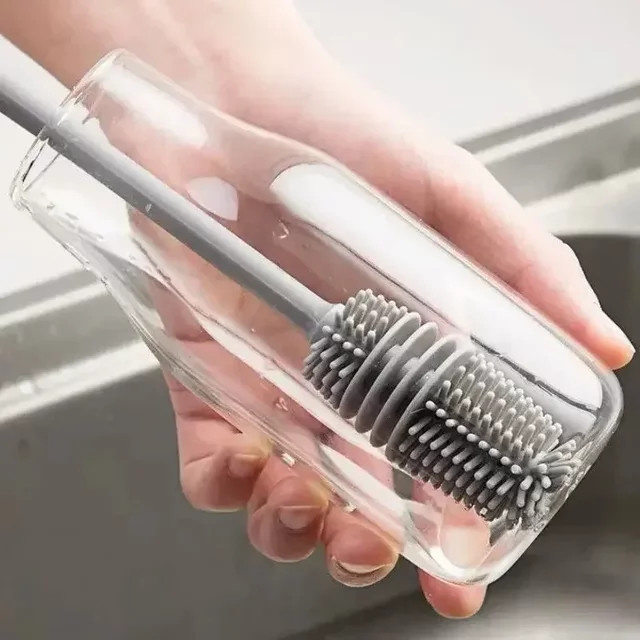 Multifunktionale Silikon-Becherbürste mit langem Griff in Grau für Milchflaschen, Ecken und Ritzen - Bild 1