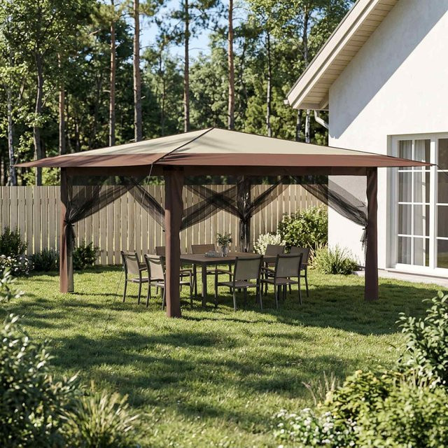 Yiwydaa Pavillon mit 4 Seitenwänden aus Polyester und Stahl, Farbe: Beige und Braun, B x T: 400 x 400 cm - Bild 1