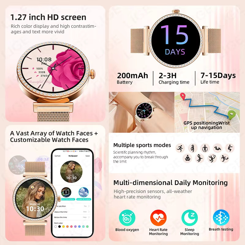 LIGE Smartwatch, Diamant, Edelstahl, Schwarz, Damen - Bild 2