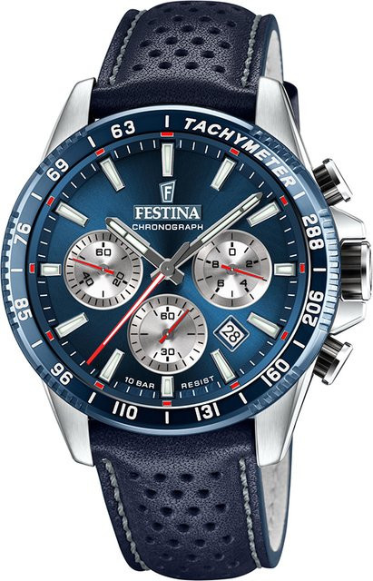 Festina Chronograph, Quarz, Edelstahl, Blau, Leder, 45 mm, Herren - Bild 1