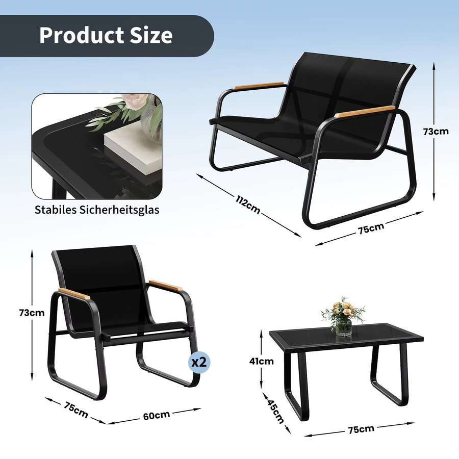 HiMISS 4-teiliges Outdoor-Lounge-Set in Schwarz mit Doppelsofa, 2 Sesseln und Couchtisch aus Glas und pulverbeschichtetem Stahl mit Textilene-Bezug und Kissen - Bild 3