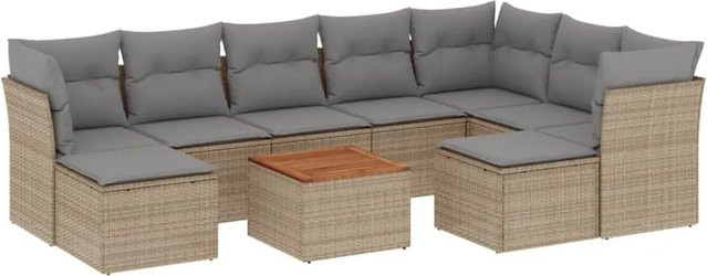 vidaXL 10-tlg. Garten-Sofagarnitur in L-Form aus Poly-Rattan und Akazienholz mit Kissen, Beige-grau - Bild 1